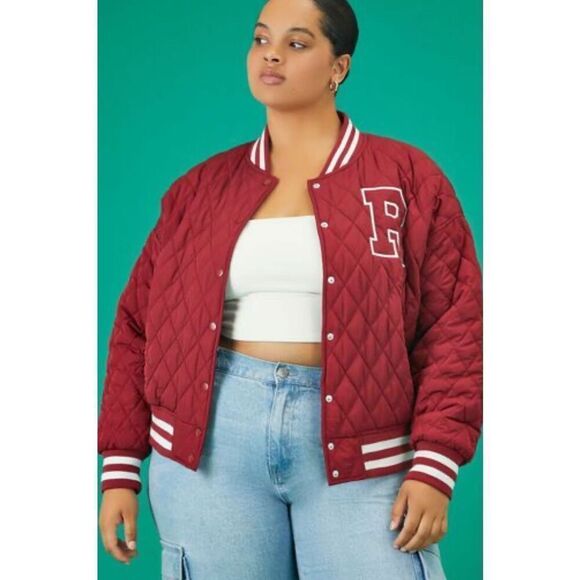 Forever 21 x Reebok Plus Size Quilted Reebok Varsity Jacket Burgundy Size 1X NWO - Picture 1 of 7